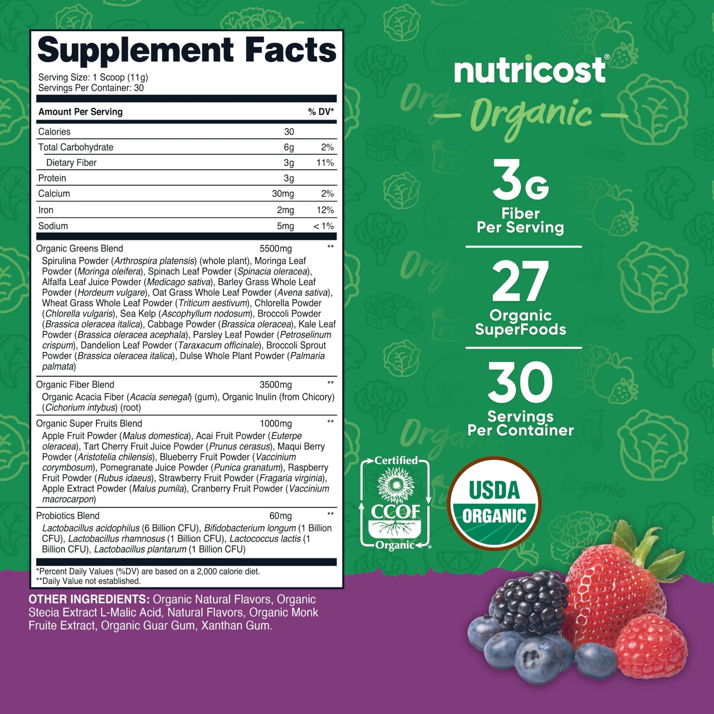 Nutricost Organic Super Greens Powder - Mixed Berry (30 Servings) | Vegan & USDA Organic
