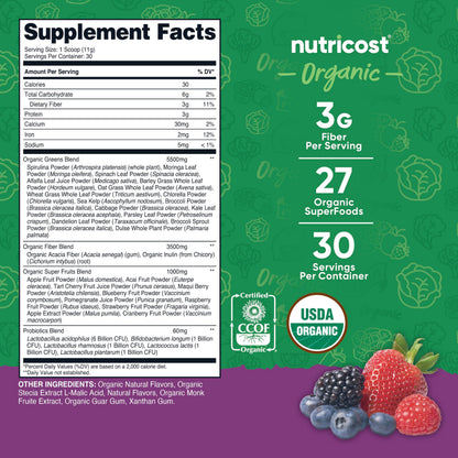 Nutricost Organic Super Greens Powder - Mixed Berry (30 Servings) | Vegan & USDA Organic