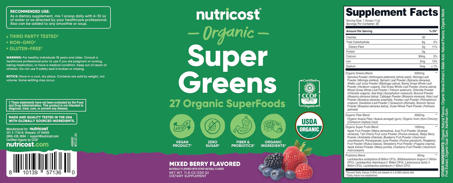 Nutricost Organic Super Greens Powder - Mixed Berry (30 Servings) | Vegan & USDA Organic