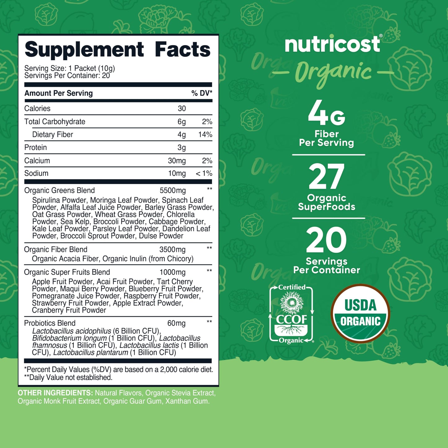 Nutricost Organic Super Greens (Unflavored) – 20 Stick Packs | Gluten-Free, Non-GMO