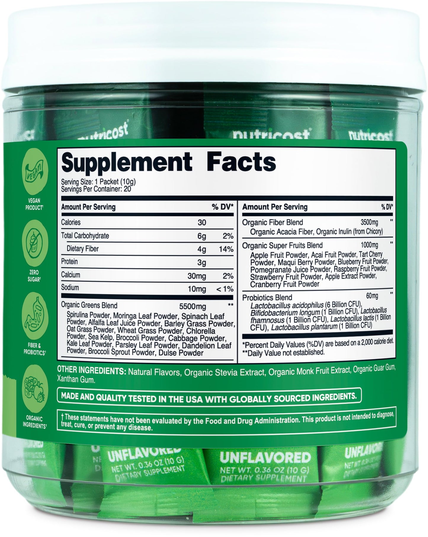 Nutricost Organic Super Greens (Unflavored) – 20 Stick Packs | Gluten-Free, Non-GMO