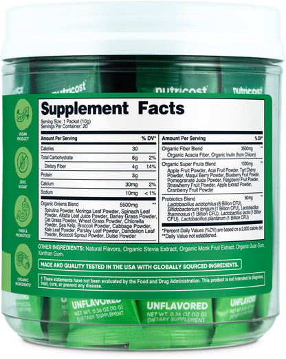 Nutricost Organic Super Greens (Unflavored) – 20 Stick Packs | Gluten-Free, Non-GMO
