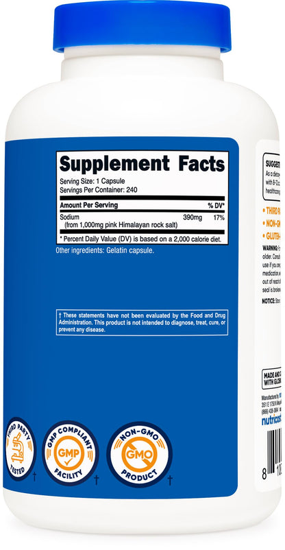 Nutricost Pink Himalayan Salt Capsules 1000mg – 390mg Sodium, 240 Capsules | Non-GMO, Gluten Free