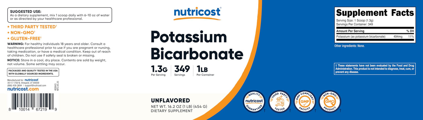 Nutricost Potassium Bicarbonate Powder 1 LB – Gluten Free, Non-GMO
