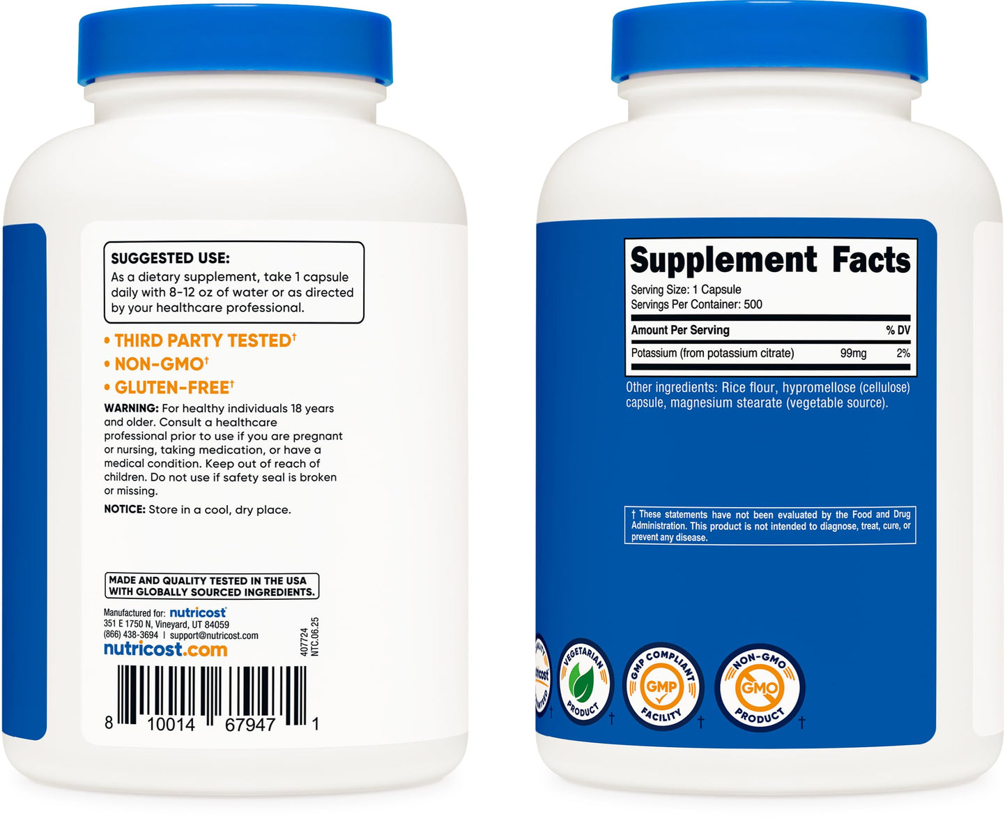 Nutricost Potassium Citrate 99mg – 500 Capsules