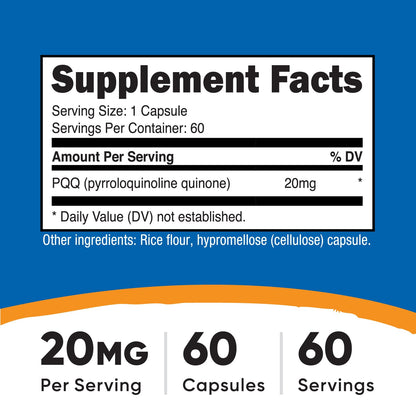 Nutricost PQQ 20mg (Pyrroloquinoline Quinone) – 60 Vegetarian Capsules – Non-GMO, Gluten Free