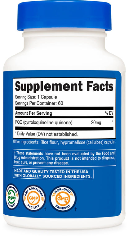Nutricost PQQ 20mg (Pyrroloquinoline Quinone) – 60 Vegetarian Capsules – Non-GMO, Gluten Free