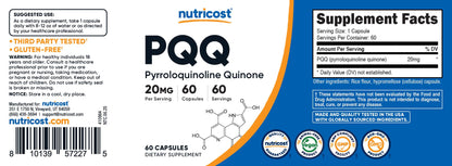 Nutricost PQQ 20mg (Pyrroloquinoline Quinone) – 60 Vegetarian Capsules – Non-GMO, Gluten Free