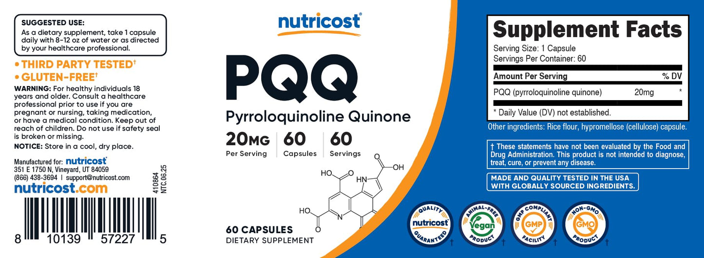 Nutricost PQQ 20mg - 60 Veg Capsules (Pack of 2) - Vegetarian, Non-GMO, Gluten Free