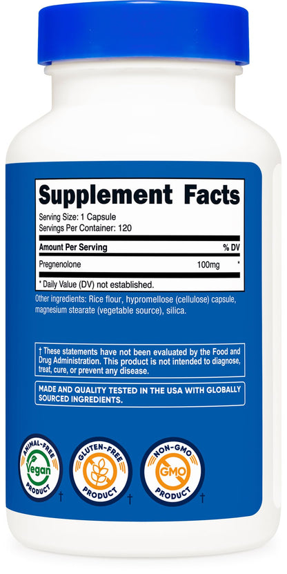 Nutricost Pregnenolone 100mg - 120 Capsules | Non-GMO, Gluten Free, Vegetarian
