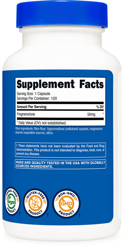 Nutricost Pregnenolone 50mg – 120 Capsules | Non-GMO, Gluten Free, Vegetarian