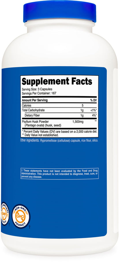 Nutricost Psyllium Husk 1500mg per Serving – 500 Capsules | Non-GMO & Gluten Free