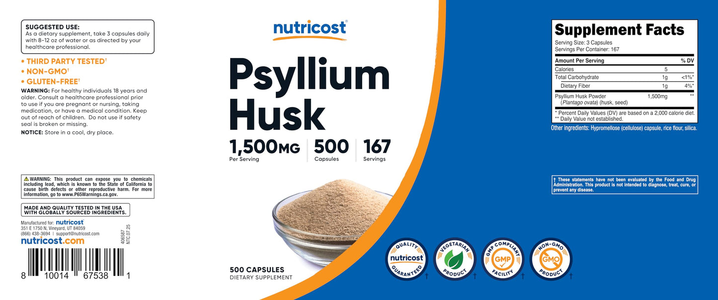 Nutricost Psyllium Husk 1500mg per Serving – 500 Capsules | Non-GMO & Gluten Free