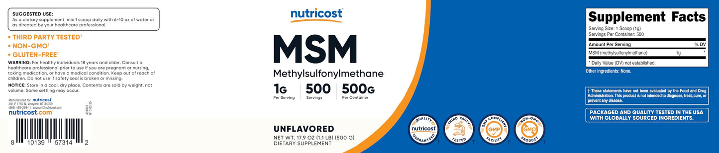 Nutricost Pure MSM Powder 500g (Methylsulfonylmethane)