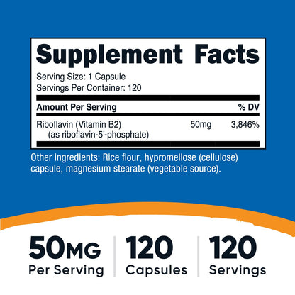 Nutricost R-5-P (Riboflavin-5-Phosphate) Vitamin B2 50 mg - 120 Capsules | Vegan & GMO-Free