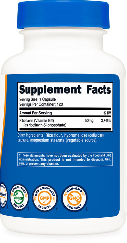 Nutricost R-5-P (Riboflavin-5-Phosphate) Vitamin B2 50 mg - 120 Capsules | Vegan & GMO-Free