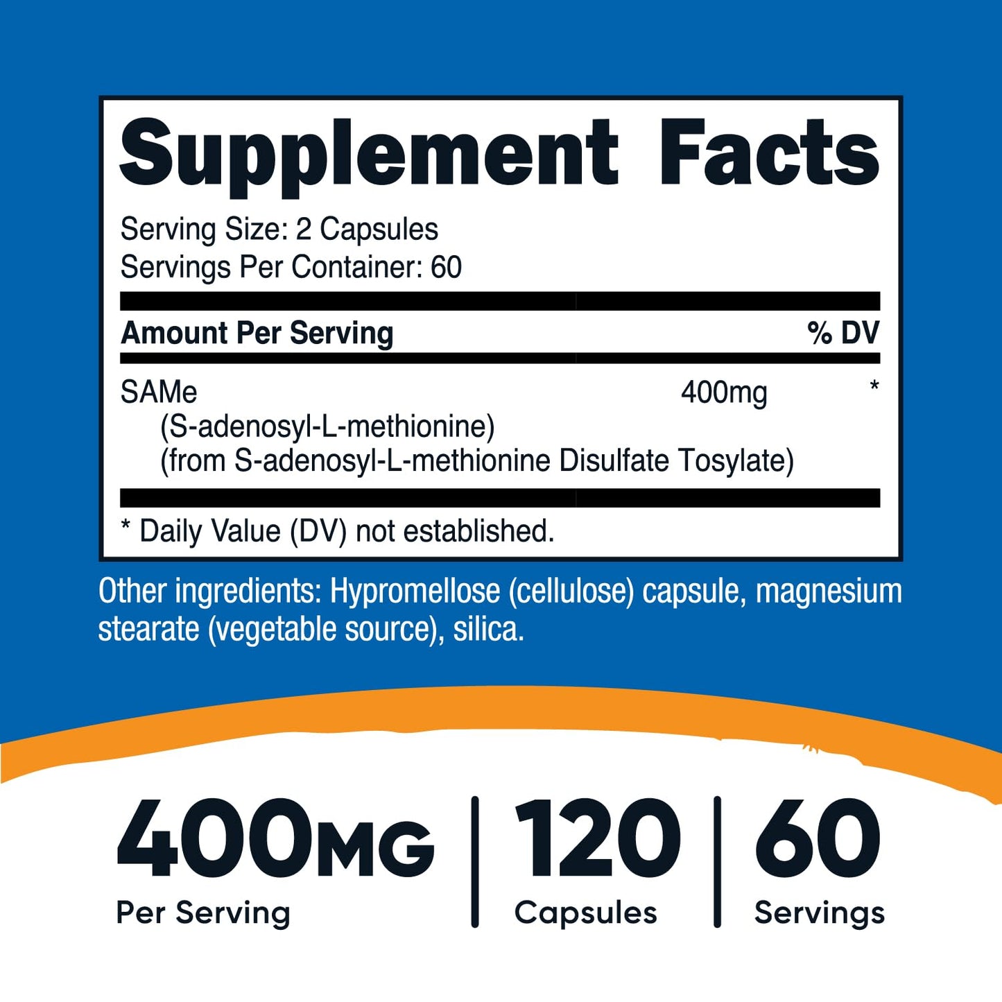 Nutricost SAM-e (S-Adenosyl-L-Methionine) 400mg - 60 Servings, 120 Veggie Capsules, Non-GMO, Gluten Free, Vegetarian
