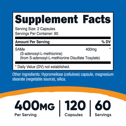 Nutricost SAM-e (S-Adenosyl-L-Methionine) 400mg - 60 Servings, 120 Veggie Capsules, Non-GMO, Gluten Free, Vegetarian