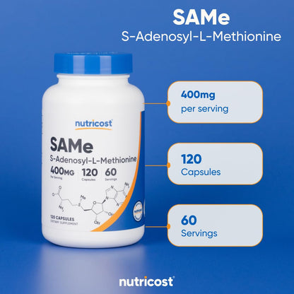 Nutricost SAM-e (S-Adenosyl-L-Methionine) 400mg - 60 Servings, 120 Veggie Capsules, Non-GMO, Gluten Free, Vegetarian