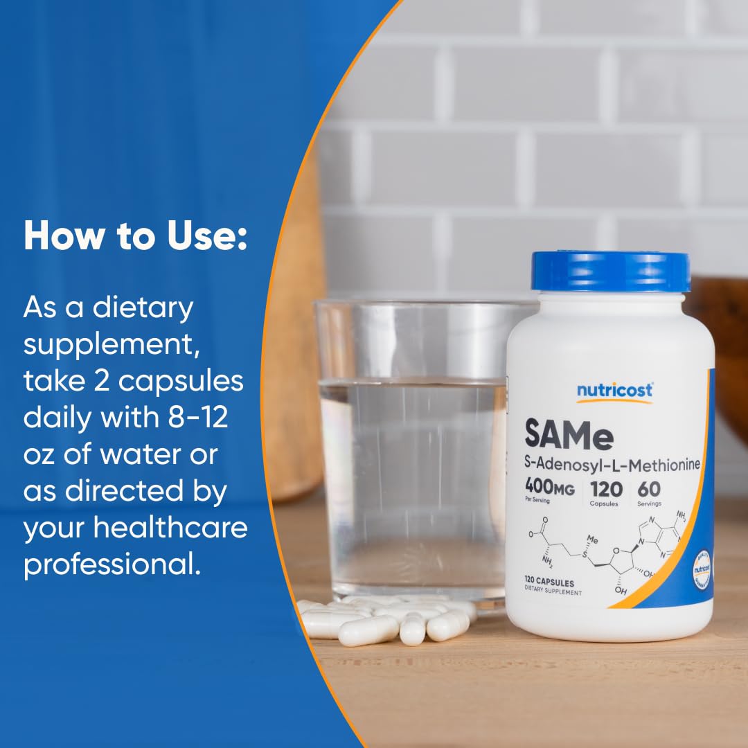 Nutricost SAM-e (S-Adenosyl-L-Methionine) 400mg - 60 Servings, 120 Veggie Capsules, Non-GMO, Gluten Free, Vegetarian