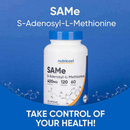 Nutricost SAM-e (S-Adenosyl-L-Methionine) 400mg - 60 Servings, 120 Veggie Capsules, Non-GMO, Gluten Free, Vegetarian