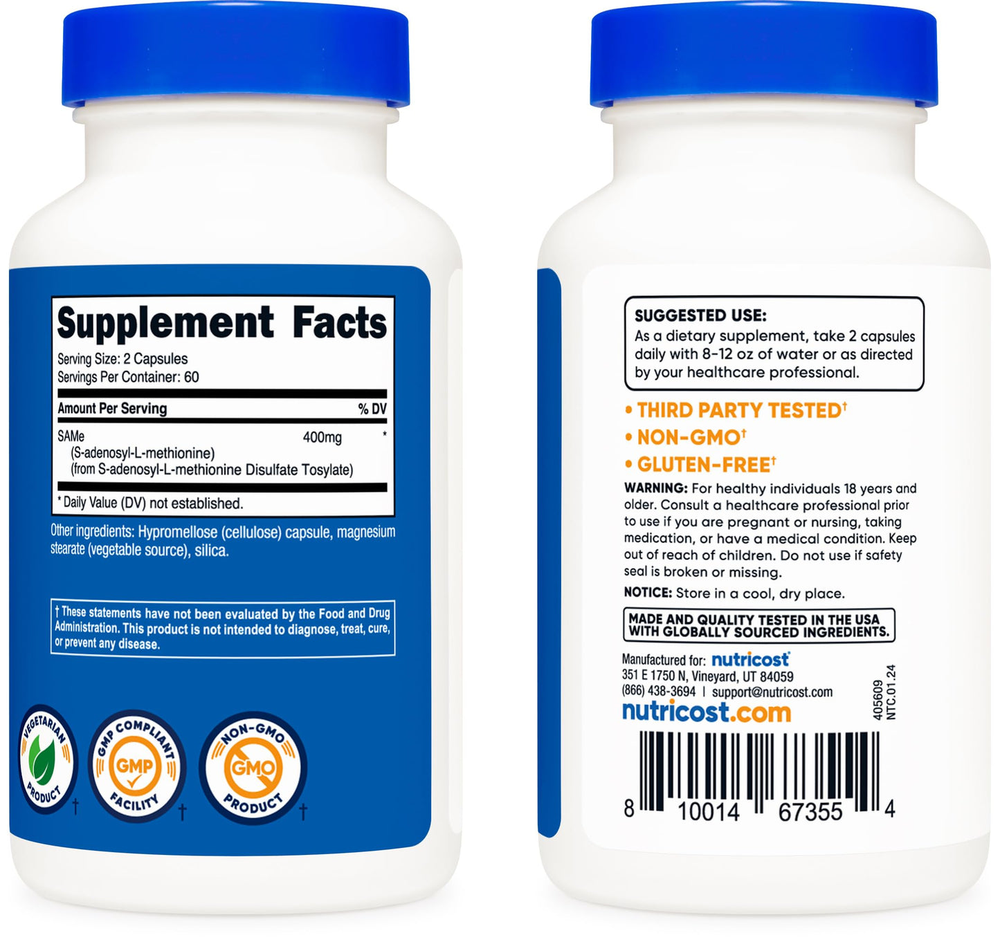 Nutricost SAM-e (S-Adenosyl-L-Methionine) 400mg - 60 Servings, 120 Veggie Capsules, Non-GMO, Gluten Free, Vegetarian