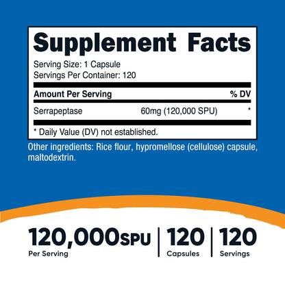 Nutricost Serrapeptase 120,000 SPU - 120 Capsules | Gluten Free, Non-GMO, Vegetarian Friendly