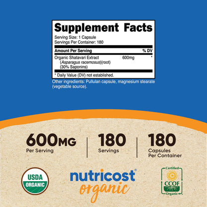 Nutricost Shatavari 600mg - 180 Capsules, 180 Servings | CCOF Organic, Non-GMO, Gluten Free, Vegetarian Friendly