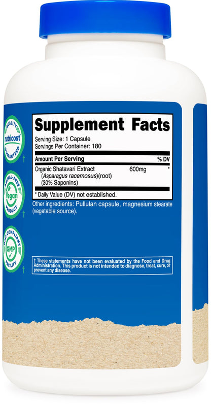 Nutricost Shatavari 600mg - 180 Capsules, 180 Servings | CCOF Organic, Non-GMO, Gluten Free, Vegetarian Friendly