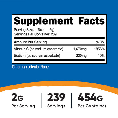 Nutricost Sodium Ascorbate Powder (1 lb) Unflavored – 2 g per Serving, Vegan, GMO-Free, Gluten-Free