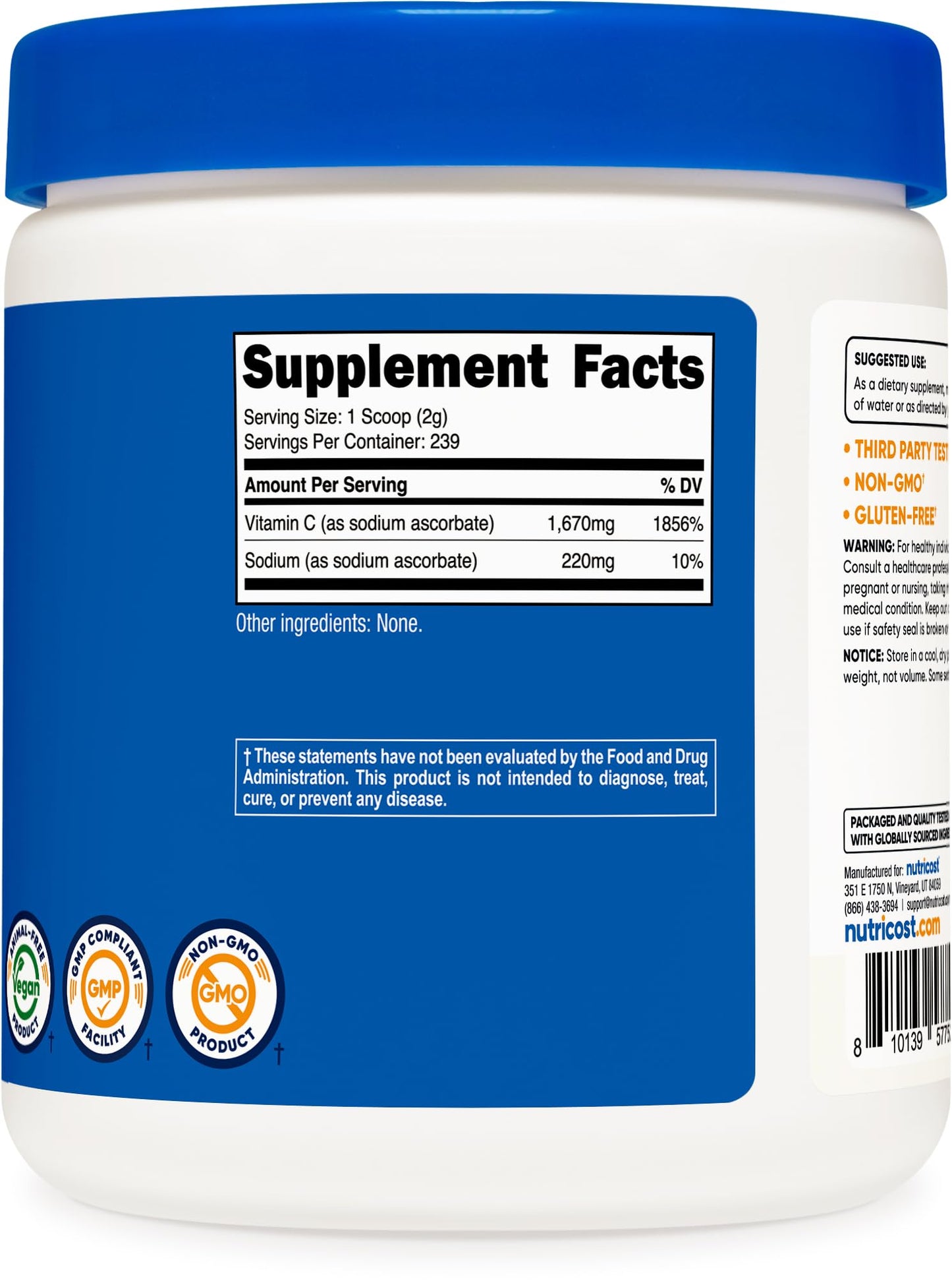 Nutricost Sodium Ascorbate Powder (1 lb) Unflavored – 2 g per Serving, Vegan, GMO-Free, Gluten-Free