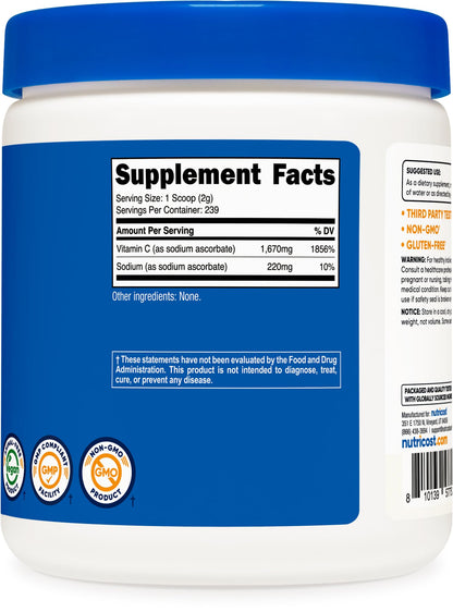 Nutricost Sodium Ascorbate Powder (1 lb) Unflavored – 2 g per Serving, Vegan, GMO-Free, Gluten-Free