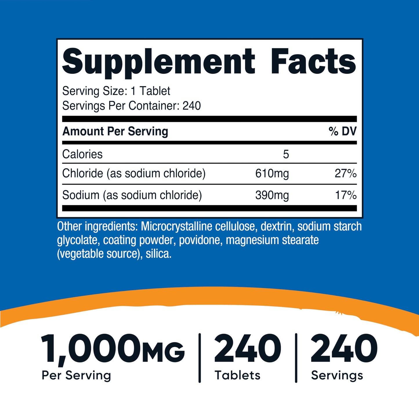 Nutricost Sodium Chloride 1000mg, 240 Tablets  Salt Tablets, Non-GMO, Gluten Free