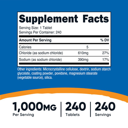 Nutricost Sodium Chloride 1000mg, 240 Tablets  Salt Tablets, Non-GMO, Gluten Free