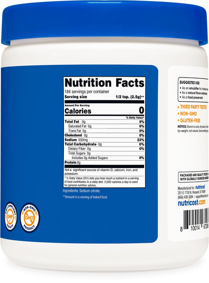 Nutricost Sodium Citrate Powder 1LB (16oz) – Food Grade, Non-GMO, Emulsifier & Flavor Enhancer