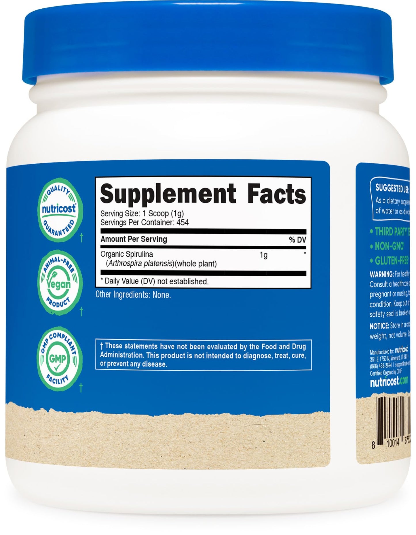 Nutricost Organic Spirulina Powder 454g (1lb) – Pure, Certified Organic Superfood