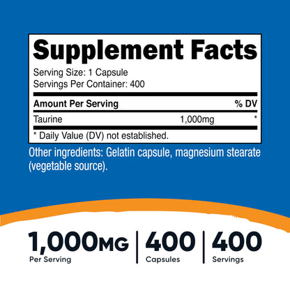 Nutricost Taurine 1000mg - 400 Capsules | Essential Amino Acid