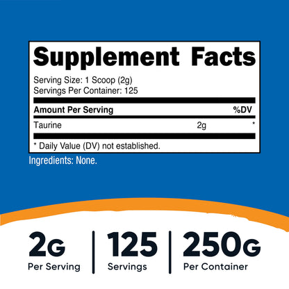 Nutricost Taurine Powder 250 Grams - 125 Servings, 2000mg Per Serving