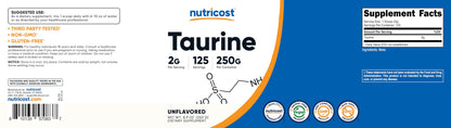 Nutricost Taurine Powder 250 Grams - 125 Servings, 2000mg Per Serving