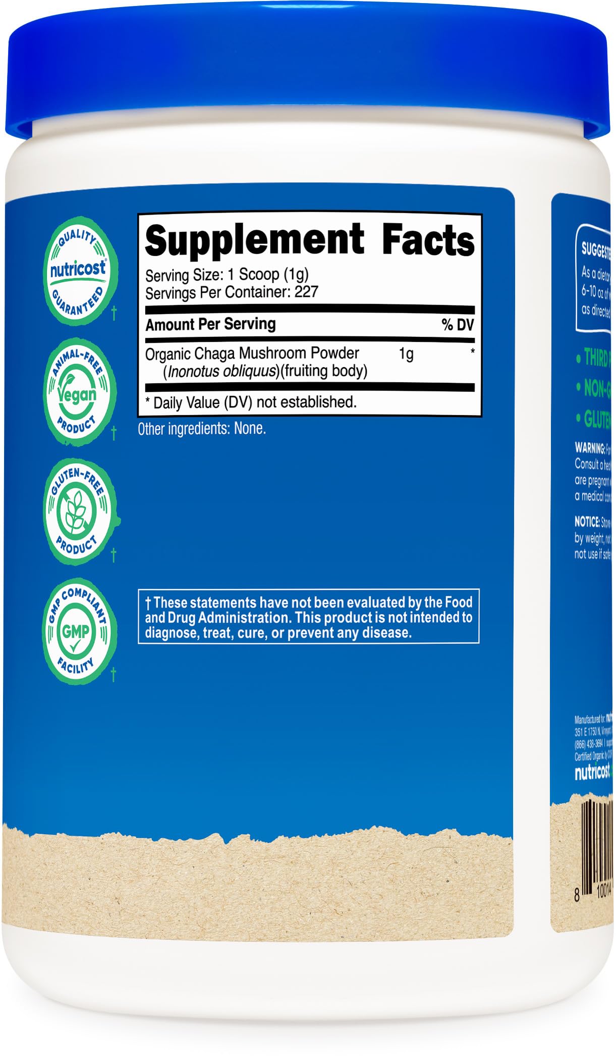 Nutricost 100% Organic Chaga Mushroom Powder 8oz (227 Servings) - USDA Organic, Gluten Free & Non-GMO