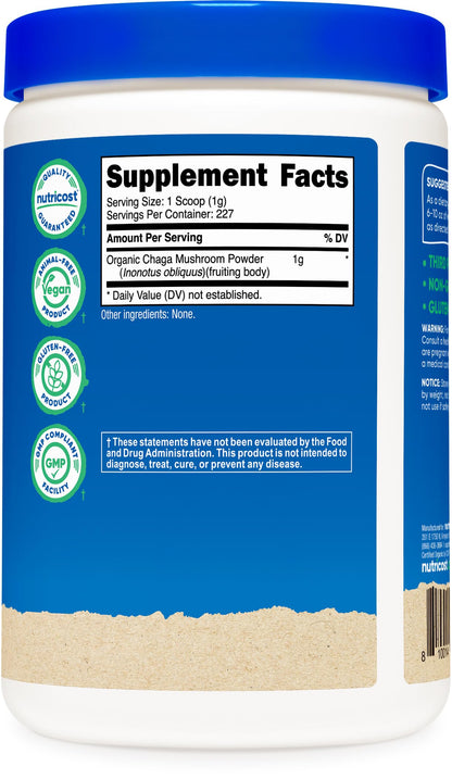 Nutricost 100% Organic Chaga Mushroom Powder 8oz (227 Servings) - USDA Organic, Gluten Free & Non-GMO