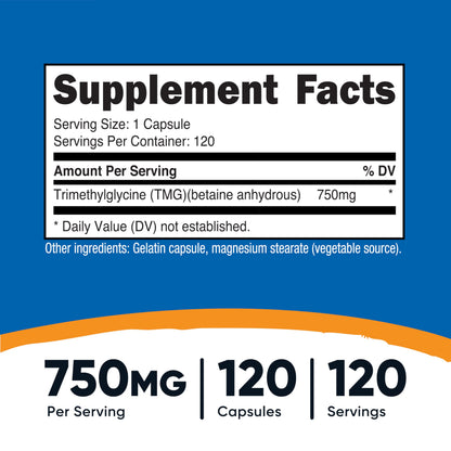 Nutricost TMG (Trimethylglycine) 750mg - 120 Capsules | Non-GMO, Gluten Free