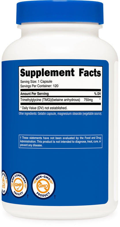 Nutricost TMG (Trimethylglycine) 750mg - 120 Capsules | Non-GMO, Gluten Free