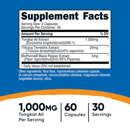 Nutricost Tongkat Ali 1000mg | 60 Vegetarian Capsules | Tribulus Terrestris + BioPerine