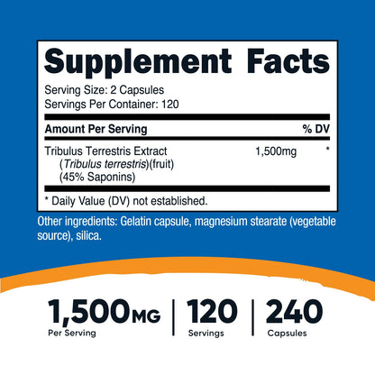 Nutricost Tribulus Terrestris 1500mg - 240 Capsules, 120 Servings, 45% Saponins, Non-GMO, Gluten Free