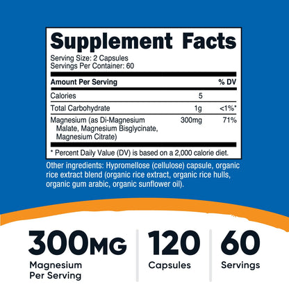 Nutricost Triple Magnesium Complex (300mg) - 120 Capsules, 60 Servings | Di-Mg Malate, Bisglycinate & Citrate