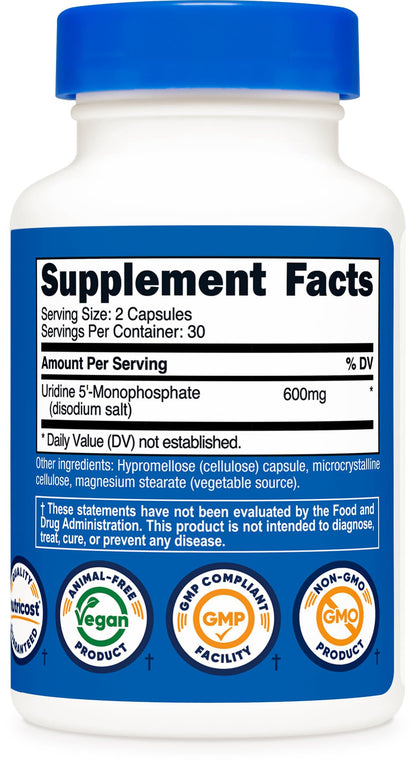 Nutricost Uridine Monophosphate 60 Capsules – 600 mg per Serving, Vegan, 30 Servings
