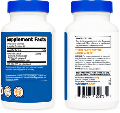 Nutricost Valerian Root Capsules 1000mg – 4:1 Extract, 2-Pack