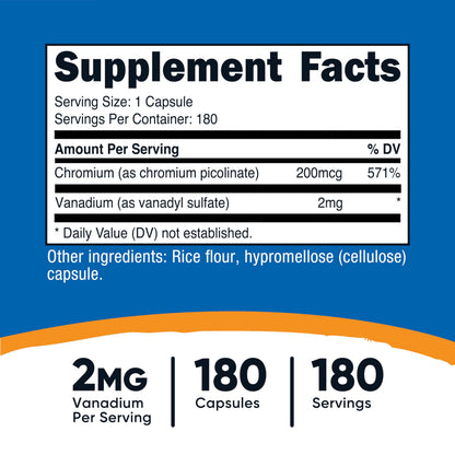 Nutricost Vanadium + Chromium 2mg - 180 Vegetarian Capsules | Gluten Free, Non-GMO Vanadium Supplement