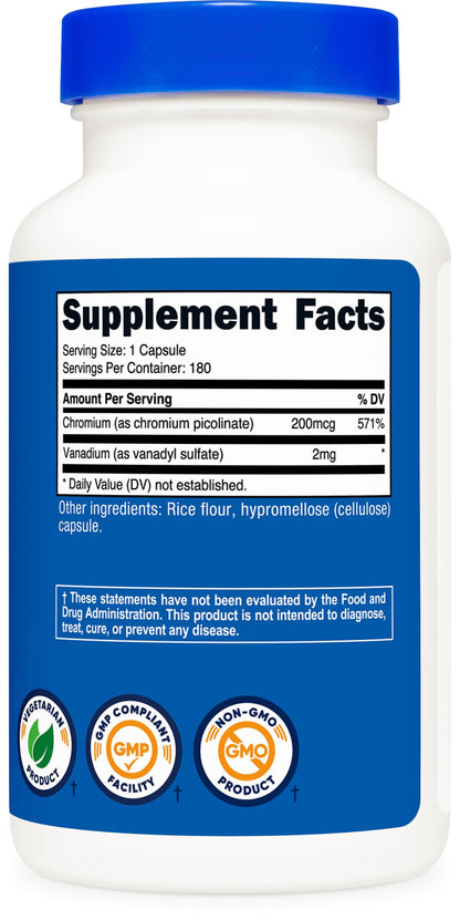 Nutricost Vanadium + Chromium 2mg – 180 Veggie Capsules | Gluten Free, Non-GMO (Pack of 2)